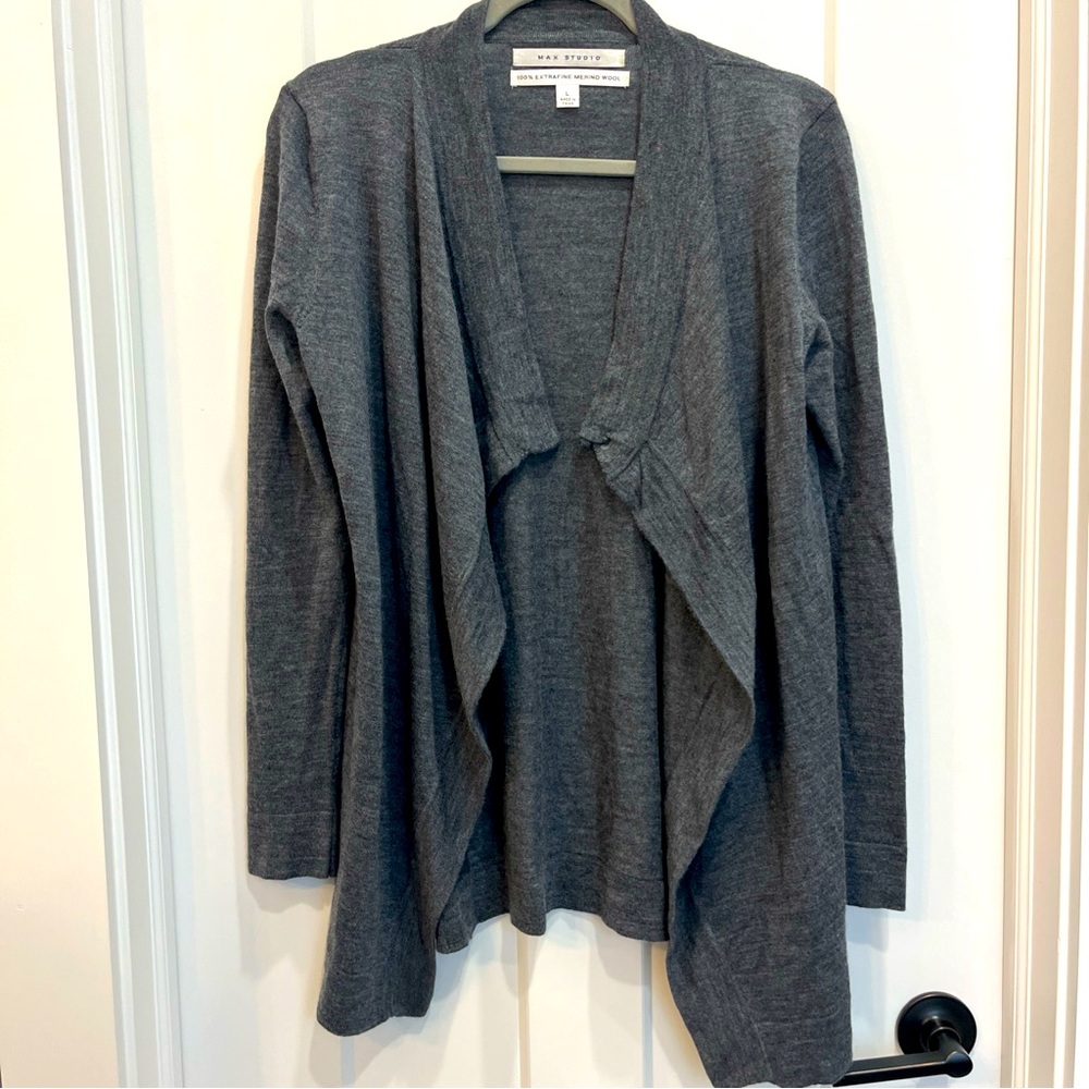 Max Studio Women's Open Front Cardigan 100% Extrafine Merino Wool Quiet Luxury L